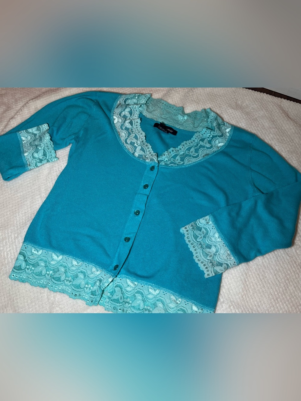 52 Weekends Teal Lace-Trim Cardigan